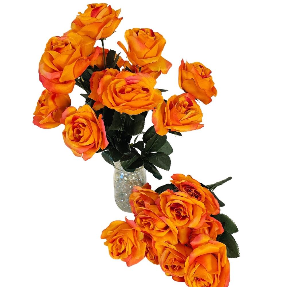 Orange Coral Silk Rose Flower Bushes 24 Roses 4" Blooms 17" Floral Lot of 2